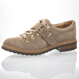 Office of Angela Scott Mr. Logan Lug Oxfords 37 Neutral Suede Flat Buckle Strap